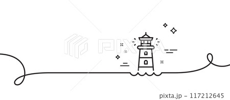 Lighthouse line icon. Continuous one line with curl. Searchlight tower sign. Beacon symbol. Lighthouse single outline ribbon. Loop curve pattern. Vector Lighthouse line icon. Continuous one line with curl. Searchlight tower sign. Beacon symbol. Lighthouse single outline ribbon. Loop curve pattern. Vector 117212645