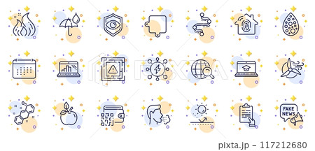 Outline set of Timeline, Waterproof umbrella and Website education line icons for web app. Include Fake news, Eye detect, Fingerprint access pictogram icons. Maze attention, Fire energy. Vector 117212680
