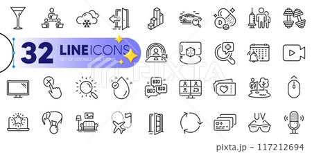 Outline set of Notification calendar, Search and Medical vaccination line icons for web with Video camera, Card, Teamwork thin icon. Snow weather, Open door, Bid offer pictogram icon. Vector 117212694