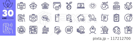 Bitcoin pay, Money and Niacin vitamin line icons pack. Contactless payment, Wholesale goods, Checklist web icon. Teamwork, Fake news, Save planet pictogram. Baggage size, Wallet, Medical help. Vector Bitcoin pay, Money and Niacin vitamin line icons pack. Contactless payment, Wholesale goods, Checklist web icon. Teamwork, Fake news, Save planet pictogram. Baggage size, Wallet, Medical help. Vector 117212700