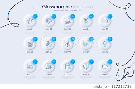 Set of Deflation, Creativity and Pickup line icons for web app. Trade chart, Orange juice, Open box icons. Recovery ssd, Qr code, Vip shopping signs. Mobile survey, Ice cream, Table lamp. Vector 117212738