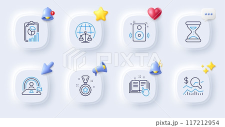 Magistrates court, Report and Lgbt line icons. Buttons with 3d bell, chat speech, cursor. Pack of Check investment, Technical documentation, Winner reward icon. Speakers, Time pictogram. Vector 117212954