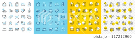 Vector icons set of Dating, Wallet and Marketplace line icons pack for web with Currency exchange, Voice wave, Scuba diving outline icon. Alcohol free, Frying pan, Manual pictogram. Vector 117212960