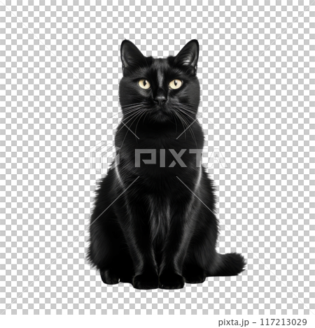 Elegant Black Cat Sitting Upright in Isolated Position Without Background 117213029