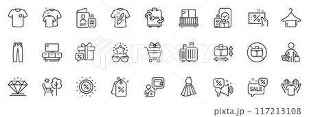 Icons pack as T-shirt design, No handbag and Balcony line icons for app include Clean towel, Best glasses, Baggage outline thin icon web set. Clean t-shirt, Sale gift, Discount pictogram. Vector 117213108