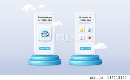 Mega sale bubble. Phone mockup on podium. Product offer 3d pedestal. Discount banner shape. Coupon sticker icon. Background with 3d clouds. Mega sale promotion message. Vector Mega sale bubble. Phone mockup on podium. Product offer 3d pedestal. Discount banner shape. Coupon sticker icon. Background with 3d clouds. Mega sale promotion message. Vector 117213132