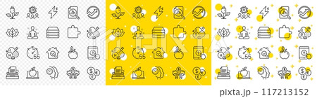 Outline Eco food, Inspect and Organic tested line icons pack for web with Power, Vitamin, Laptop line icon. Timer, Sharing economy, Yoga pictogram icon. Money currency, Typewriter, Vitamin h. Vector 117213152