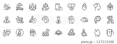 Icons pack as Businessman, Justice scales and Sunbed line icons for app include Time management, Stress, Location app outline thin icon web set. Ask question, Augmented reality. Vector 117213166