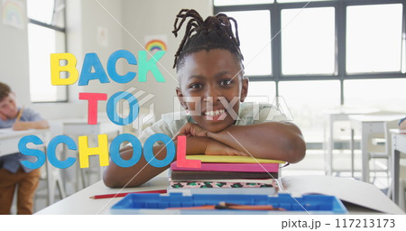 Image of back to school text over happy african american schoolboy at school Image of back to school text over happy african american schoolboy at school 117213173