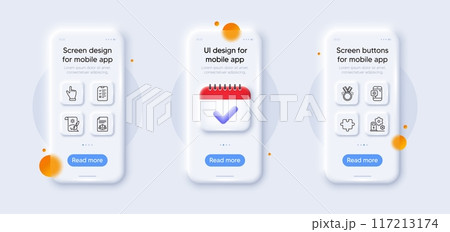 Puzzle, Charging station and Honor line icons pack. 3d phone mockups with calendar. Glass smartphone screen. Interview, Creative painting, Legal documents web icon. Vector 117213174