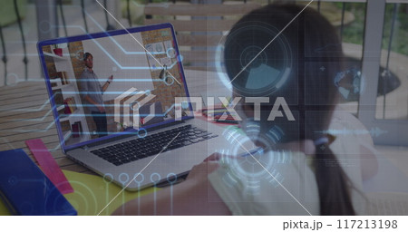 Image of round scanner and microprocessor connections against girl having a image call on laptop Image of round scanner and microprocessor connections against girl having a image call on laptop 117213198