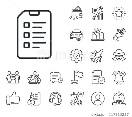 Information File sign. Salaryman, gender equality and alert bell outline icons. Checklist Document line icon. Paper page concept symbol. Checklist line sign. Spy or profile placeholder icon. Vector Information File sign. Salaryman, gender equality and alert bell outline icons. Checklist Document line icon. Paper page concept symbol. Checklist line sign. Spy or profile placeholder icon. Vector 117213227