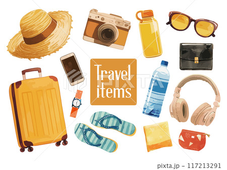 水彩で描いた旅行の持ち物のイラスト 117213291
