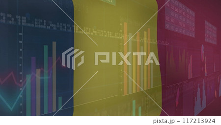 Belgium flag and line charts image over financial data graphs 117213924