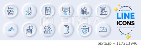 Candlestick graph, Reject checklist and Smartphone charging line icons for web app. Pack of Boat, Realtor, Sales diagram pictogram icons. Water bottle, Businessman case, Car secure signs. Vector 117213946