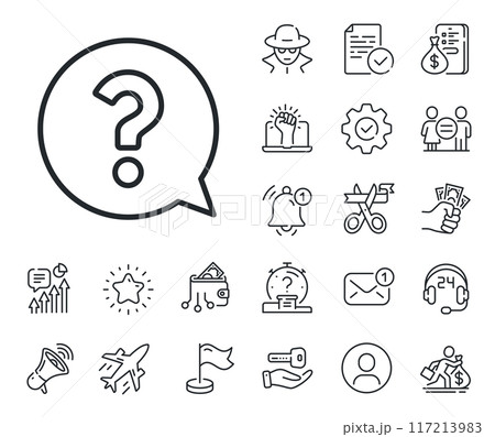Help speech bubble sign. Salaryman, gender equality and alert bell outline icons. Question mark line icon. FAQ symbol. Question mark line sign. Spy or profile placeholder icon. Vector 117213983