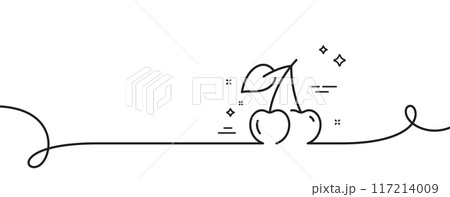 Cherry line icon. Continuous one line with curl. Fruit food sign. Diet nutrition symbol. Cherry single outline ribbon. Loop curve pattern. Vector Cherry line icon. Continuous one line with curl. Fruit food sign. Diet nutrition symbol. Cherry single outline ribbon. Loop curve pattern. Vector 117214009