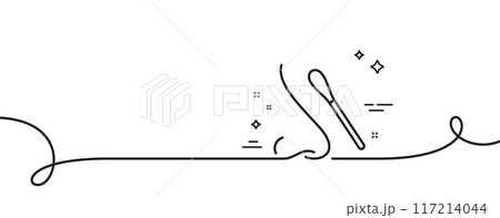 Nasal swab test line icon. Continuous one line with curl. Nose with cotton swab sign. Coronavirus testing symbol. Nasal test single outline ribbon. Loop curve pattern. Vector 117214044