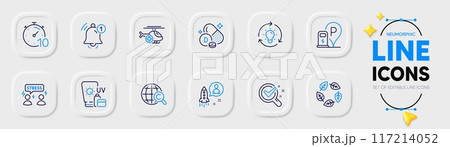 Startup, Reminder and Charging station line icons for web app. Pack of Idea, Timer, Medical helicopter pictogram icons. Difficult stress, Sunscreen, International copyright signs. Vector Startup, Reminder and Charging station line icons for web app. Pack of Idea, Timer, Medical helicopter pictogram icons. Difficult stress, Sunscreen, International copyright signs. Vector 117214052