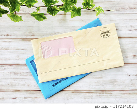 窓付き封筒2通とツタ_俯瞰 窓付き封筒2通とツタ_俯瞰 117214105