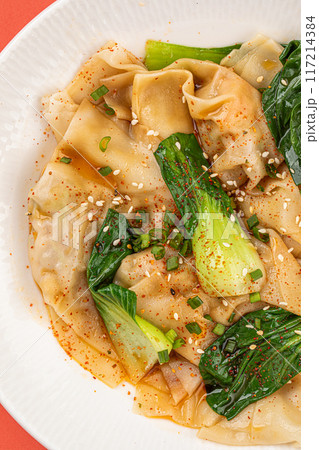 Portion of asian wonton dumplings with bok choi 117214384