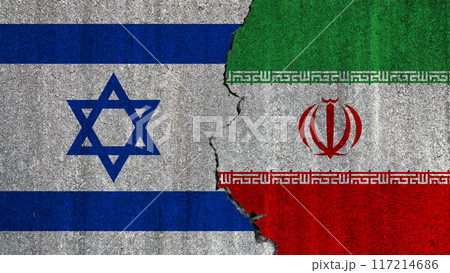 Israel against Iran, the flags of the two countries painted on a concrete wall separated by a crack Israel against Iran, the flags of the two countries painted on a concrete wall separated by a crack 117214686