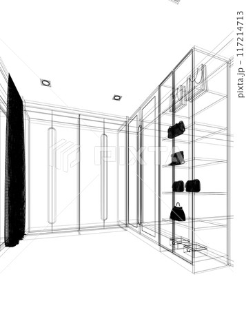 modern walk in closet wardrobe with clothes hanging interior design, 3d rendering wire frame modern walk in closet wardrobe with clothes hanging interior design, 3d rendering wire frame 117214713