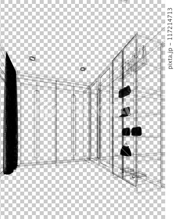 modern walk in closet wardrobe with clothes hanging interior design, 3d rendering wire frame modern walk in closet wardrobe with clothes hanging interior design, 3d rendering wire frame 117214713