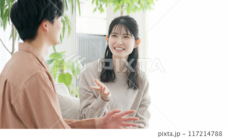 リビングで語り合うカップル 117214788