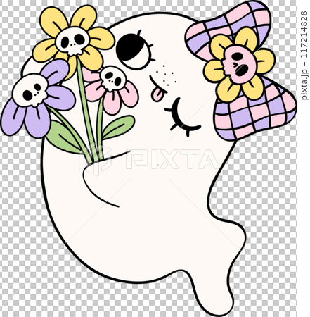 Cute Pastel Halloween Floral Ghost Groovy Retro Cartoon Character Girly Coquette Flower Doodle Cute Pastel Halloween Floral Ghost Groovy Retro Cartoon Character Girly Coquette Flower Doodle 117214828
