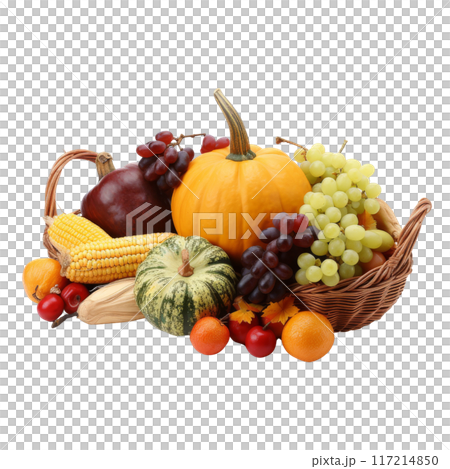 Colorful Cornucopia Filled with Various Fruits and Vegetables Isolated Without Background 117214850
