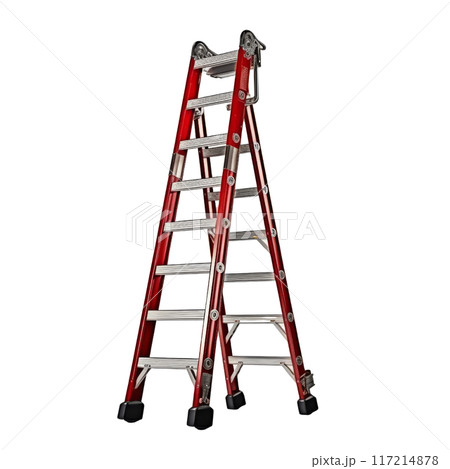 Isolated Metal Ladder with Red and Silver Finish, No Background. 117214878