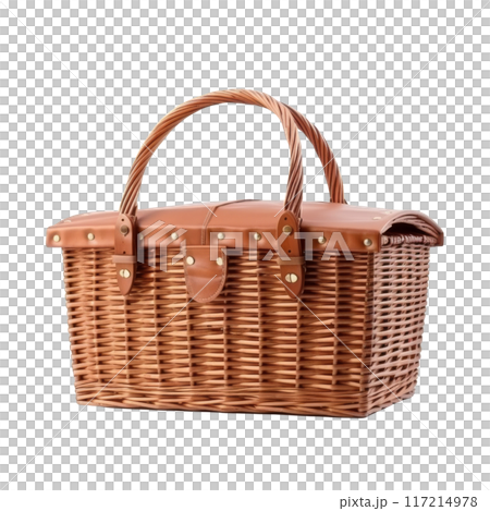 Isolated Wooden Picnic Basket with Leather Lid and Handles. Isolated Wooden Picnic Basket with Leather Lid and Handles. 117214978