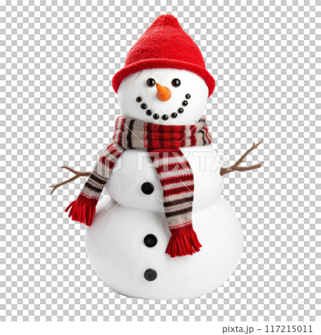 Cheerful Snowman Decorated with Red Hat and Scarf, Isolated Without Background. 117215011