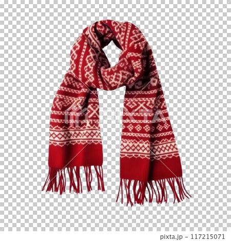 Red Winter Scarf with Pattern and Fringes Isolated without Background. Red Winter Scarf with Pattern and Fringes Isolated without Background. 117215071