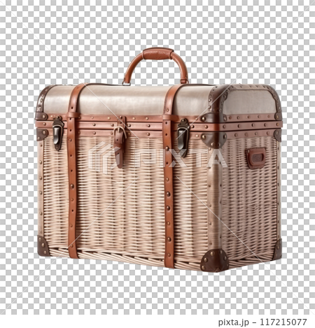Isolated Wicker Hamper with Leather Straps and Handle, No Background 117215077