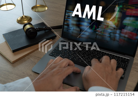 Anti Money Laundering (AML) Businessman judge in office with finance money crime Anti money laundering financial bank currency 117215154