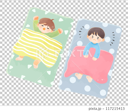 眠れなくて起きている子供と寝ている子供 117215413