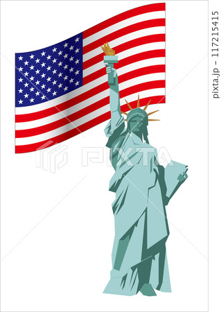 自由の女神像とアメリカ合衆国の国旗のイラスト　フラットデザイン　白背景ベクターデータ 117215415