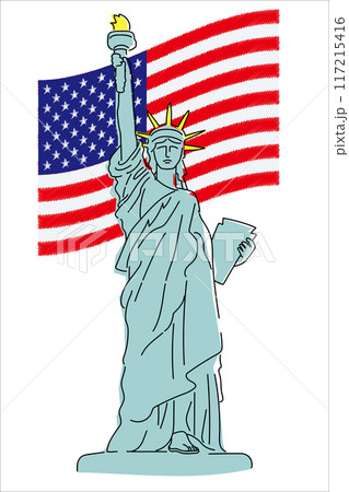 自由の女神像とアメリカ合衆国の国旗のイラスト　手描きタッチ　白背景ベクターデータ 117215416
