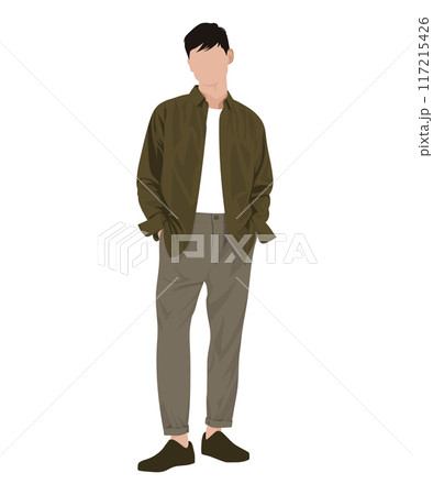 Vector illustration of a man in a white t-shirt, light gray pants and an olive jacket. Modern style 117215426