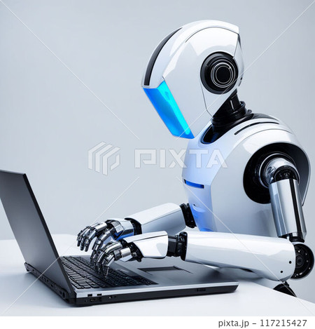 An innovative robot in an office environment: artificial intelligence working at a computer, analyzing data and interacting with users. An innovative robot in an office environment: artificial intelligence working at a computer, analyzing data and interacting with users. 117215427
