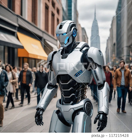 A humanoid robot walks among the crowd on a city street, interacting with people in a busy urban atmosphere 117215428