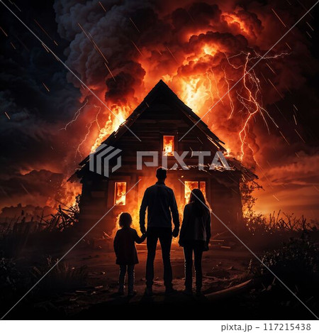 A family in distress outside during severe weather watching a burning house: a dramatic scene of rescue and loss amidst raging elements 117215438
