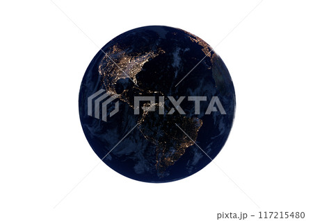 isolated earth night lights on white background. 3D Render 117215480