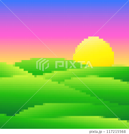Green meadows at dawn in pixel art style. Rising sun on green fields in the style of 8-bit retro graphics of the 80s and 90s. Design for covers, banners and posters. Vector illustration Green meadows at dawn in pixel art style. Rising sun on green fields in the style of 8-bit retro graphics of the 80s and 90s. Design for covers, banners and posters. Vector illustration 117215568