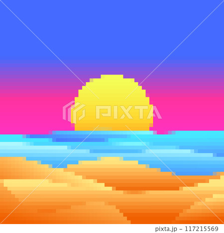 Pixel coastline, sandy beach and shore. Sunset on the beach in the style of 8-bit retro graphics of the 80s and 90s. Sand dunes, sea and sun in pixel art style. Vector illustration 117215569