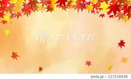 秋の紅葉をイメージした水彩のベクターイラスト背景、16：9、コピースペース、フレーム、テンプレート 117216036