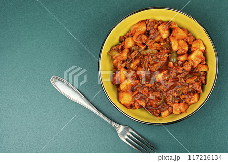 Roast potatoes and ground turkey. Roast potatoes and ground turkey. 117216134