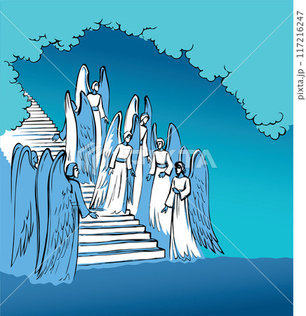Vector drawing. Angels on the stairs leading to heaven 117216247
